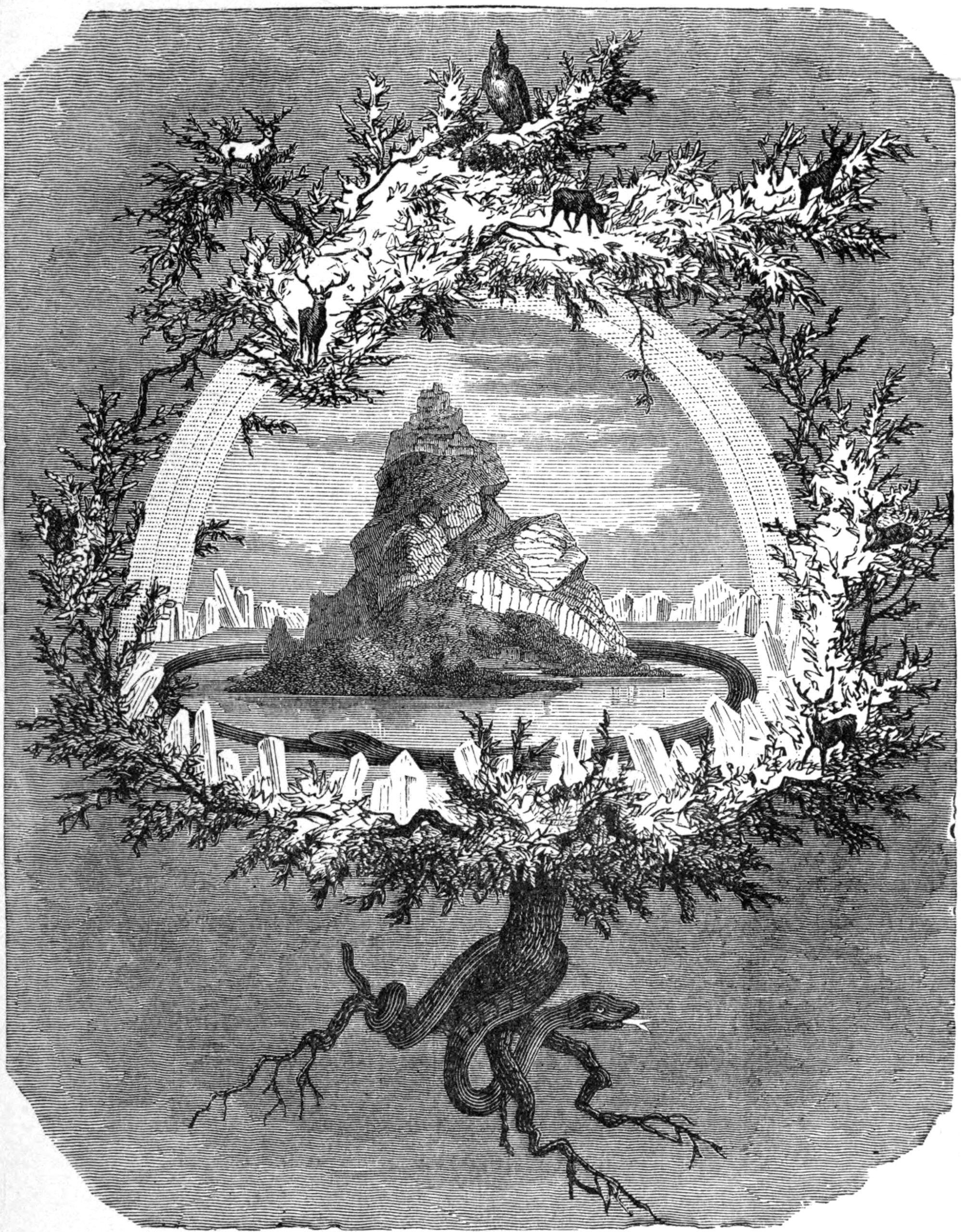 Die Weltenesche Yggdrasil, romantische Darstellung aus dem 19. Jahrhunderts von Friedrich Wilhelm Heine